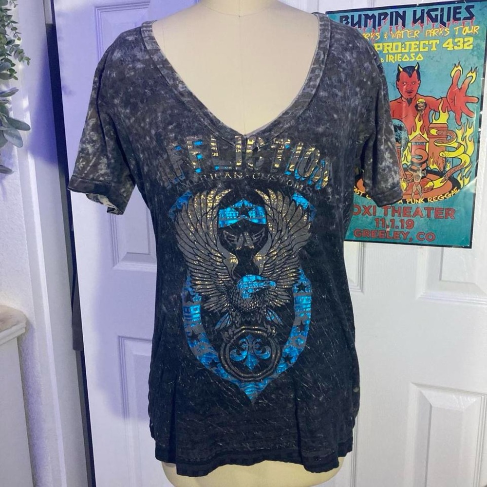 Affliction Women's Charcoal and Blue Graphic Tee
